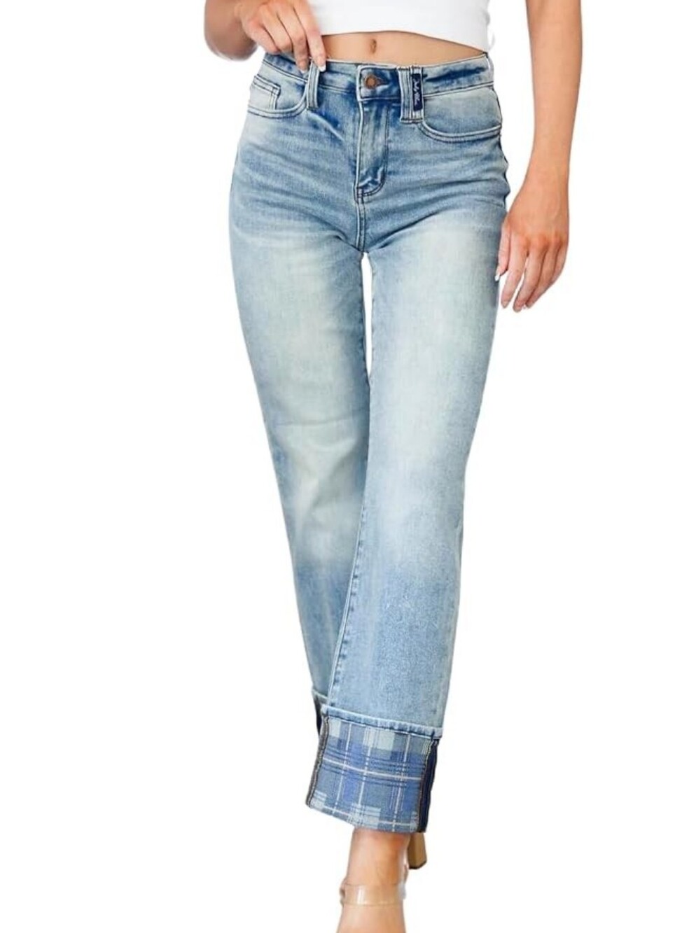 Judy Blue Light Blue Straight Leg Jeans with Plaid Cuff